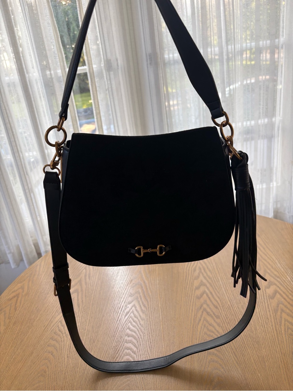 Black Suede Horsebit Saddle Bag with Tassel
